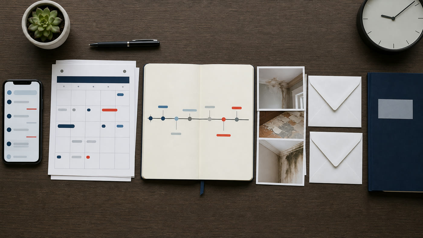 Organized claim calendar, communication timeline, envelopes, phone records, and damage photographs