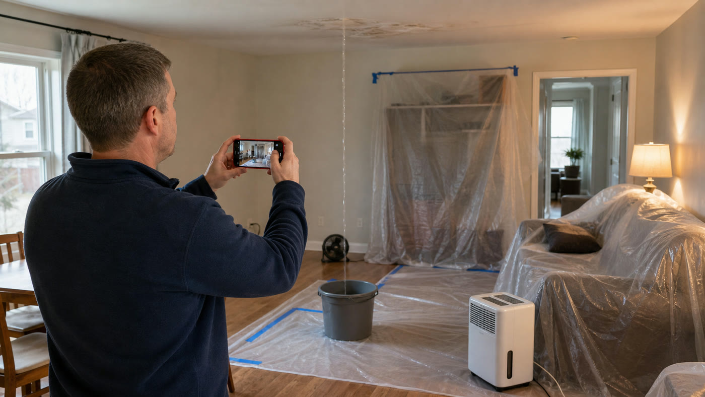 Homeowner photographing a contained ceiling leak and temporary water mitigation setup