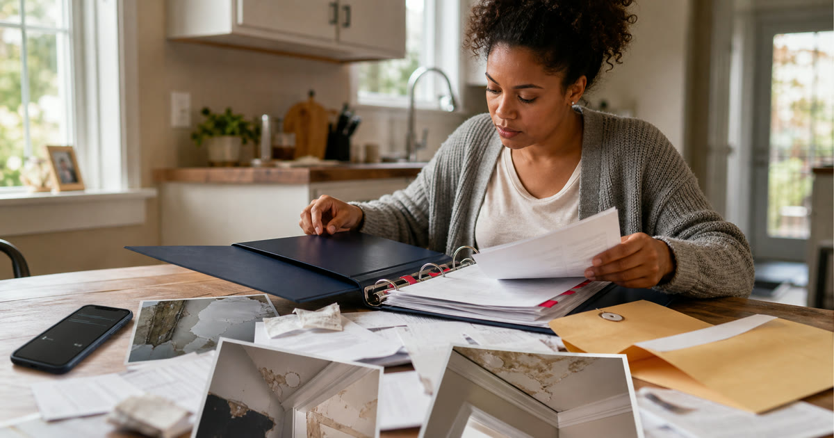 Homeowner organizing a scattered property damage claim file into a complete binder