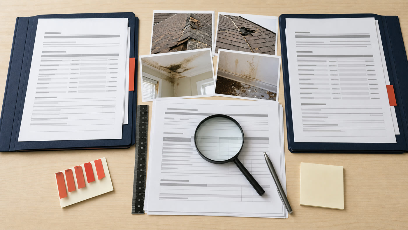 Two organized claim estimates compared with roof and interior water damage photographs