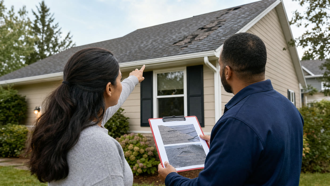Homeowner and property claim professional reviewing roof damage from ground level