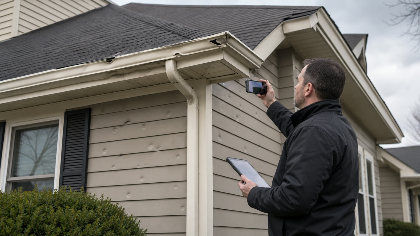 Insurance company adjuster documenting hail damage on a home exterior