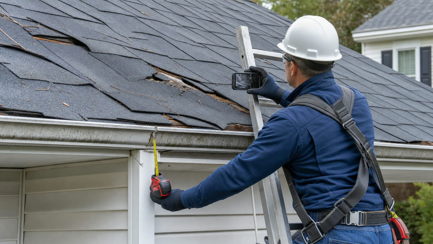 Property inspector measuring and photographing roof, gutter, and siding damage