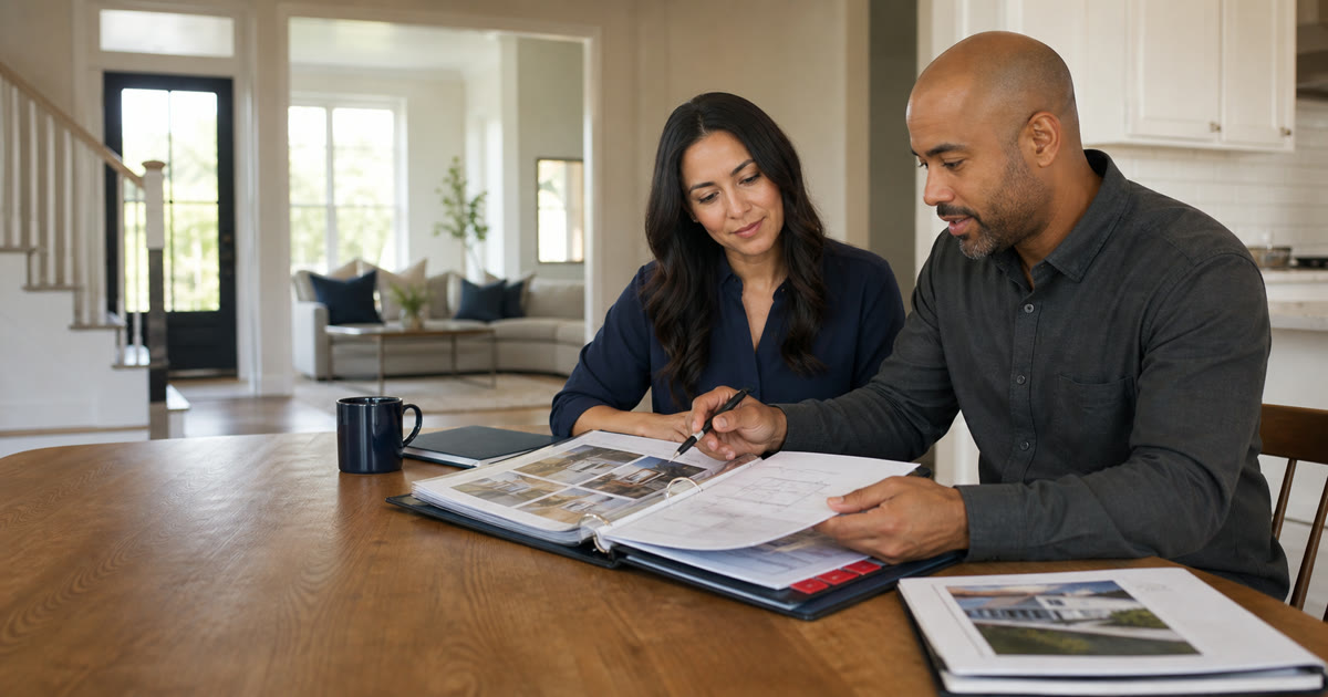 Homeowner and claim professional reviewing an organized property damage evidence binder