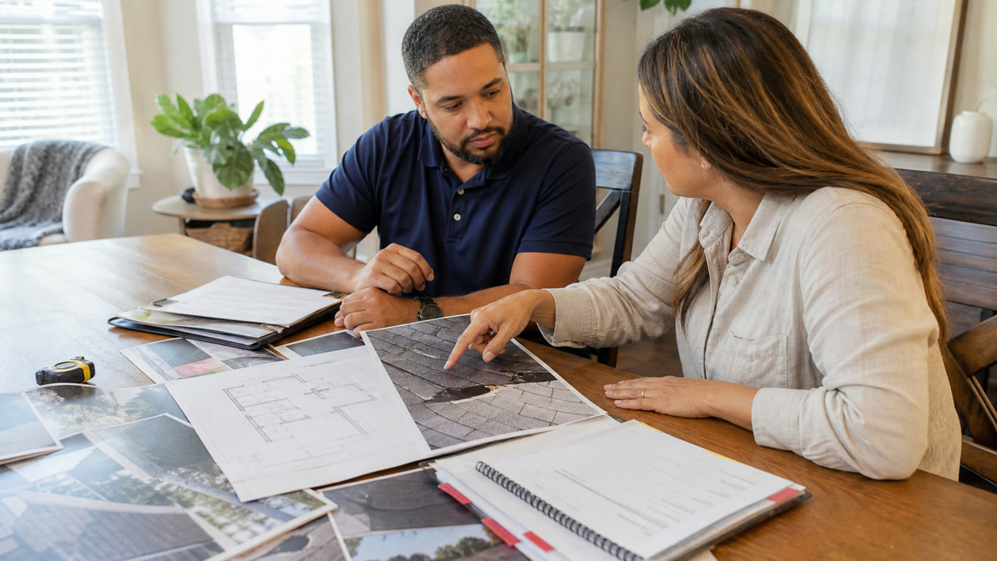 Public adjuster and homeowner reviewing roof damage photographs and measurements