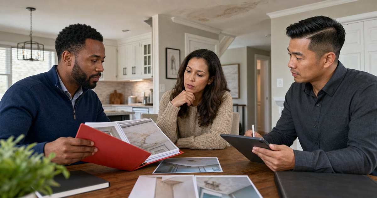 Homeowner discussing a property claim with two professionals who have different adjusting roles