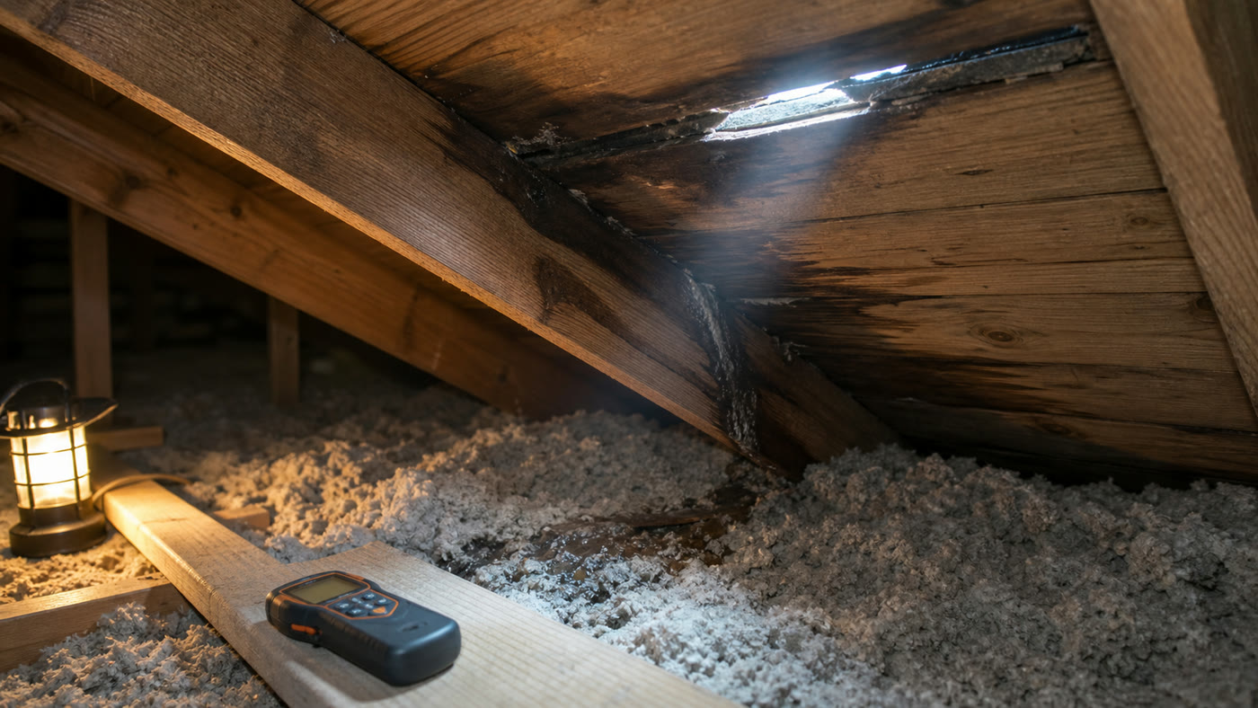 Attic with a localized roof opening, moisture trail on sheathing, and damp insulation