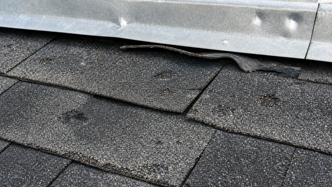 Close view of lifted shingles, granule loss, hail bruising, and dented metal flashing
