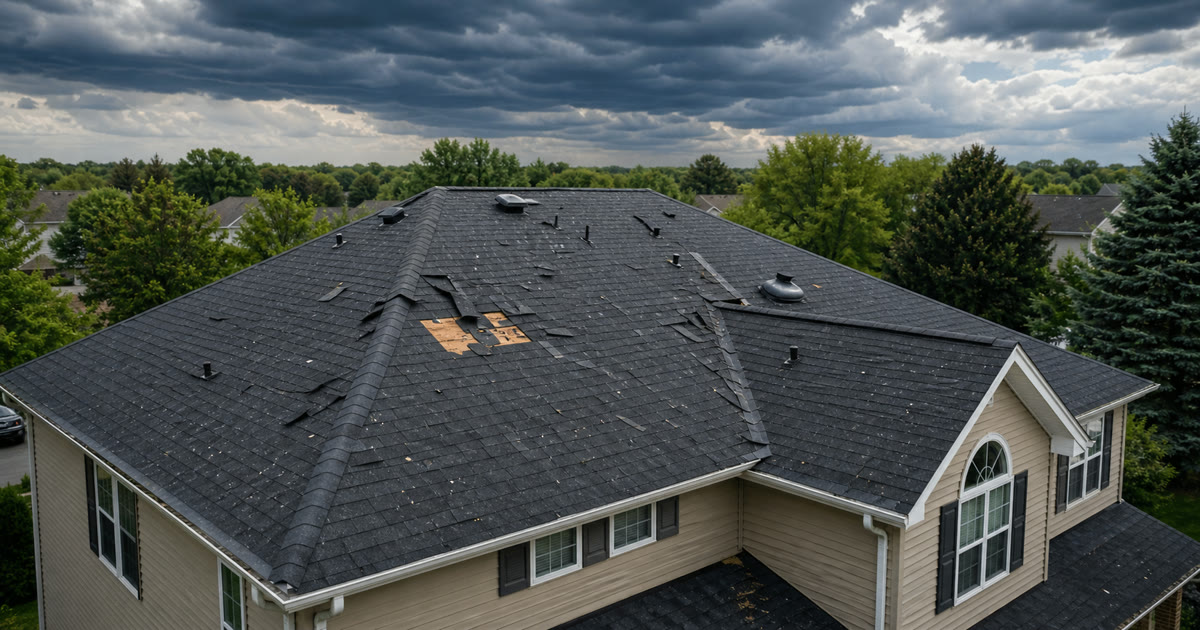 Elevated view of an Illinois home roof with realistic wind and hail damage after a storm