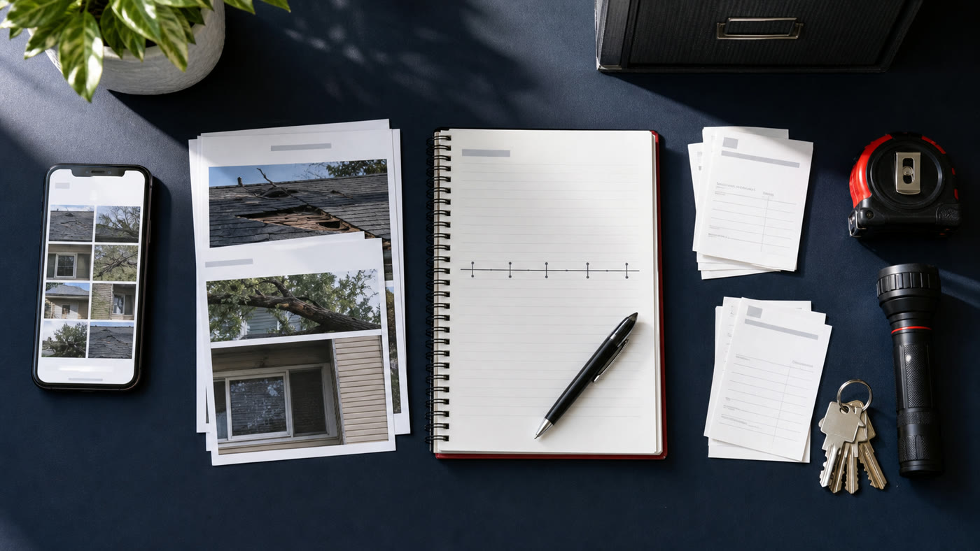 Organized storm damage photographs, timeline notebook, receipts, measuring tools, and phone