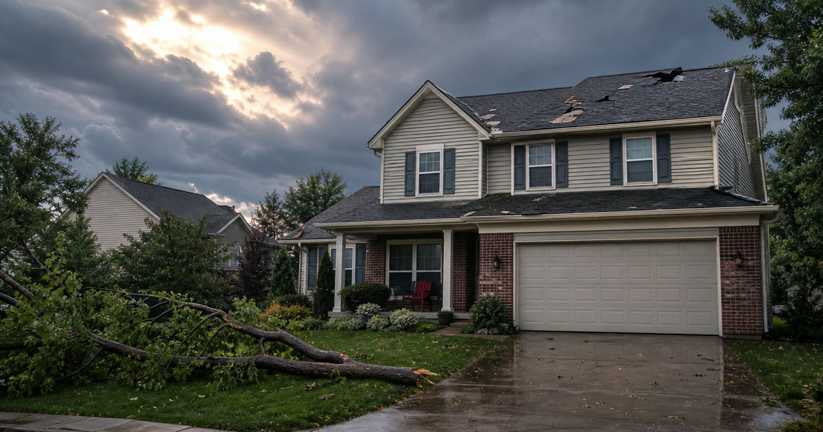 Illinois suburban home with damaged shingles and a fallen tree limb after a severe storm