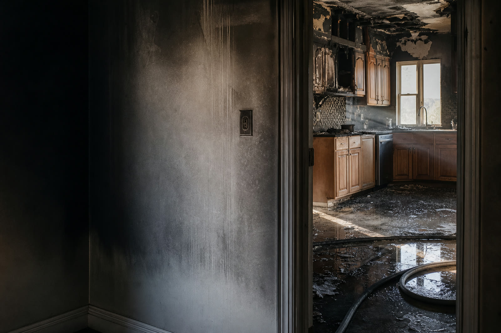 Smoke, soot, fire, and suppression-water damage inside a home