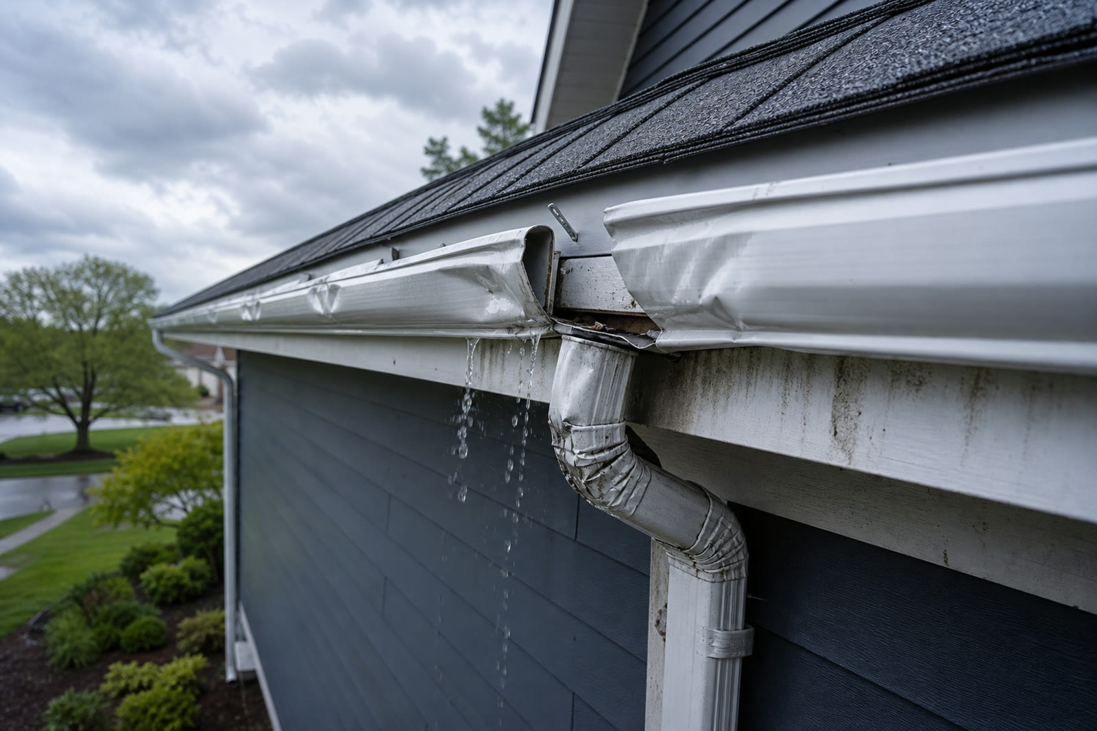 Dented and separated gutter with active drainage failure