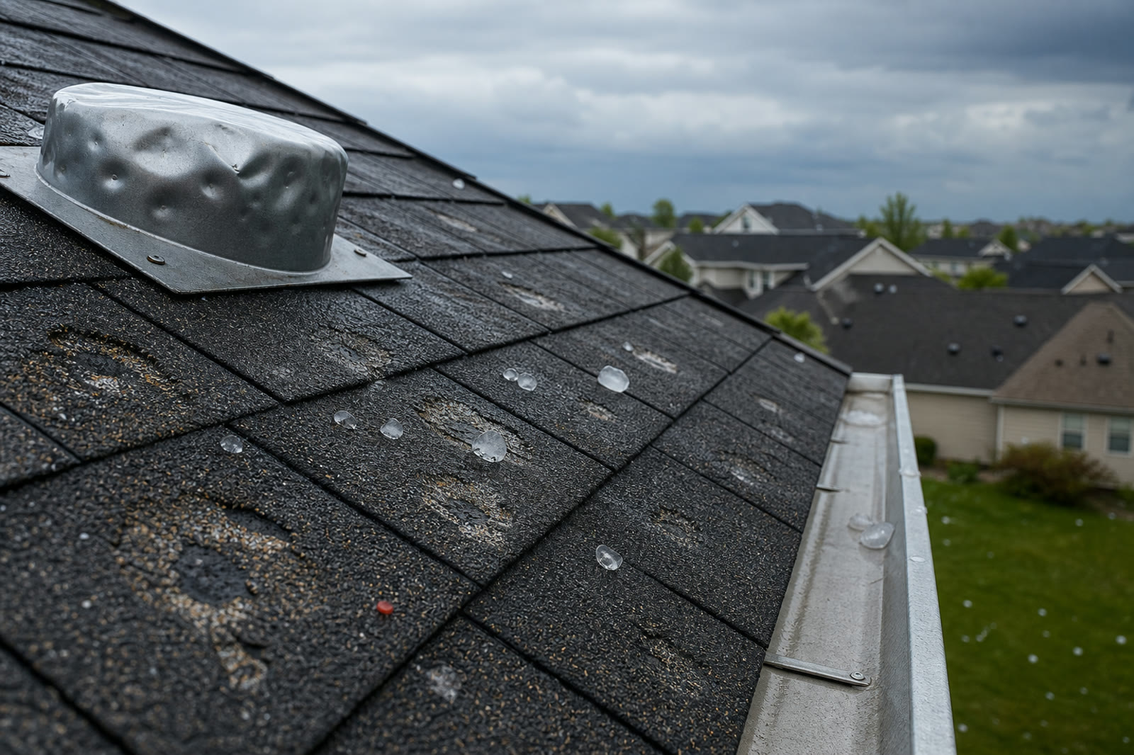 Hail impact evidence on shingles, roof vent, and gutter