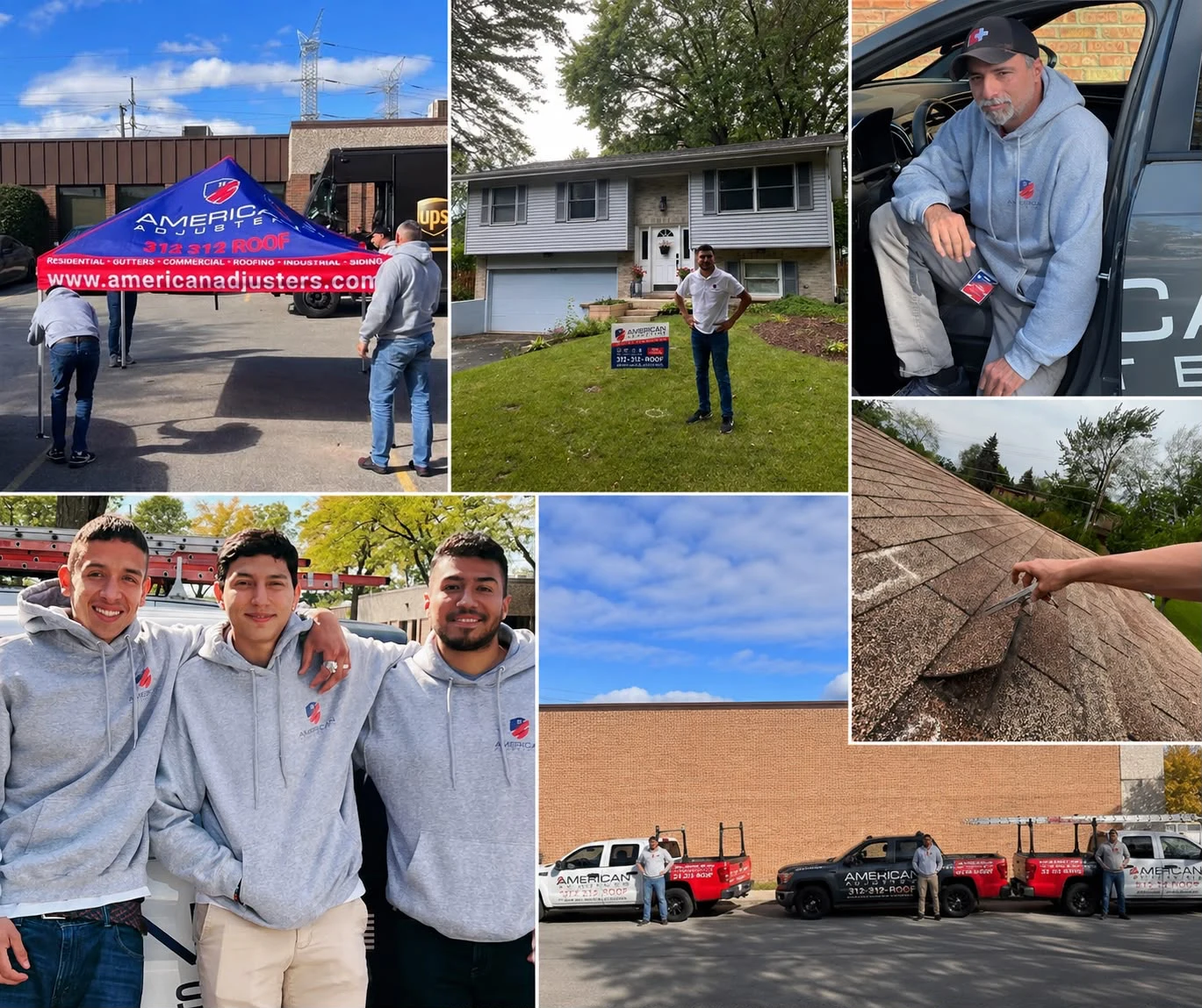 American Adjusters team members at Illinois properties, documenting roof damage and working beside company vehicles