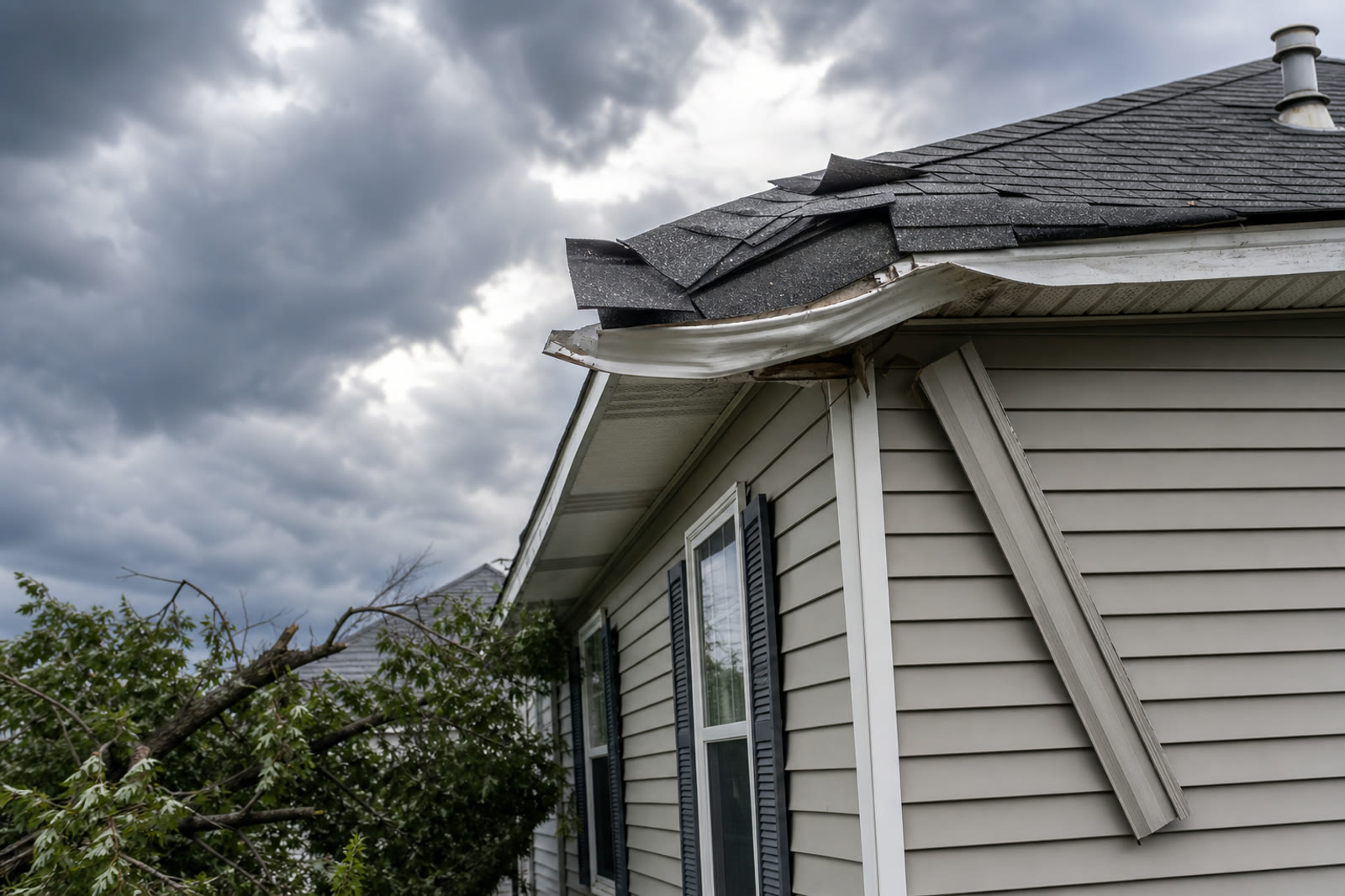 Lifted roof shingles and displaced siding after high winds